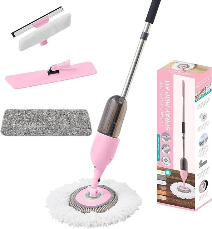 Multi-Surface Spray Mop Kit 3-in-1 with Flat Round Squeegee Mop Heads Refillable Water Bottle Machine Washable Pads for Floors Windows