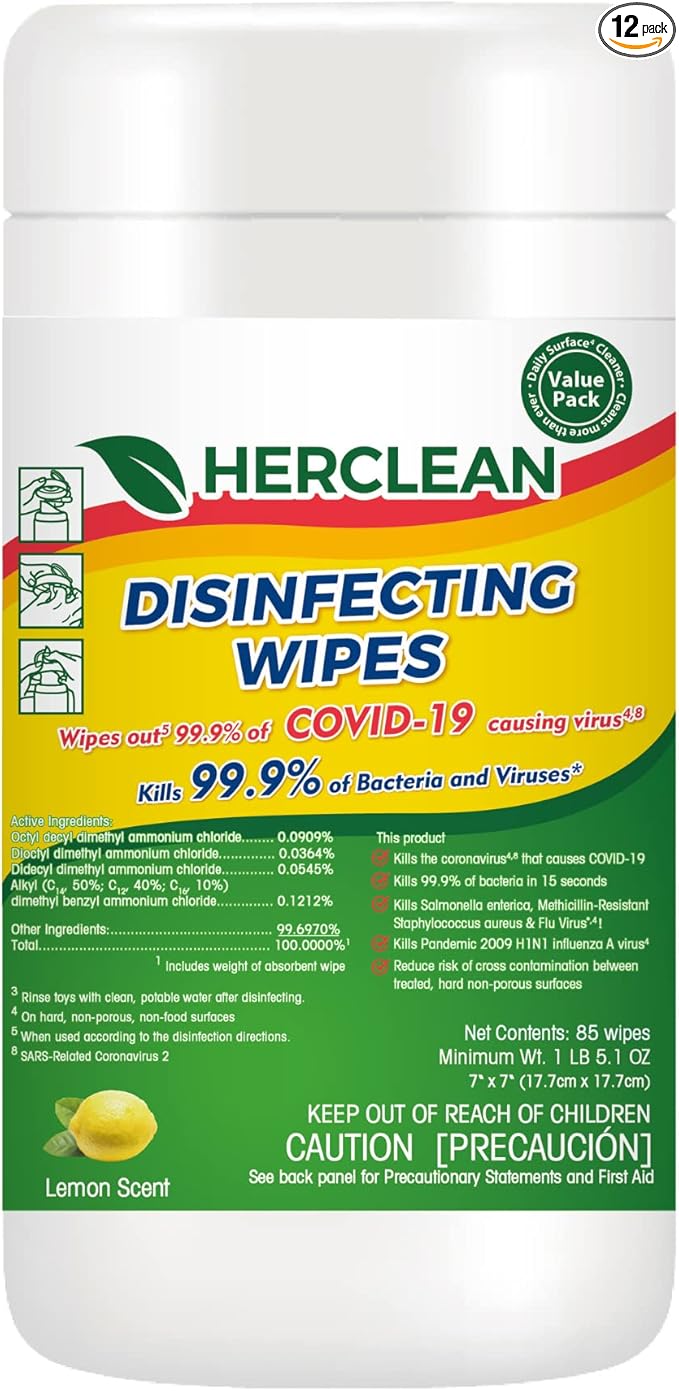 Herclean Wipes Cleaning Wipes Household Cleaning Wipes - Office Supplies School Supplies Travel Essentials Home Essentials (85pcs/Canister)/12 PER CASE