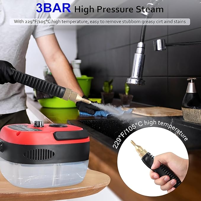 Steam Cleaner 2500W Handheld High Temp Portable Steamer Cleaning Machine With 3 Brush Heads 6 Speed Gear Adjustment 10S fast heating for Cleaning Grout Tile Living Room Kitchen Red