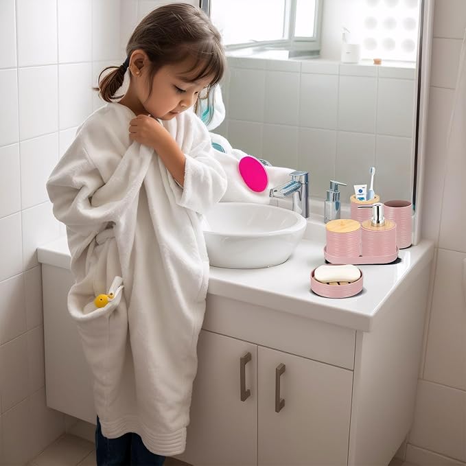IMAVO Bathroom Accessory Set-11Pcs Pink Bathroom Accessories Set with Trash CanSoap DispenserSoap DishToothbrush HolderToothbrush CupToilet Brush HolderQtip Holder Dispenser with Labels