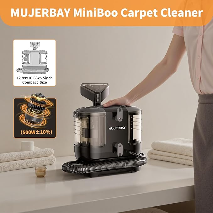 Miniboo Carpet Cleaner Compact &amp Powerful Upholstery Cleaner MachinePortable Spot with 360°Wheels 1.3-inch Deep Stain Small Rug Cleaner for Car Stairs Couches. Black