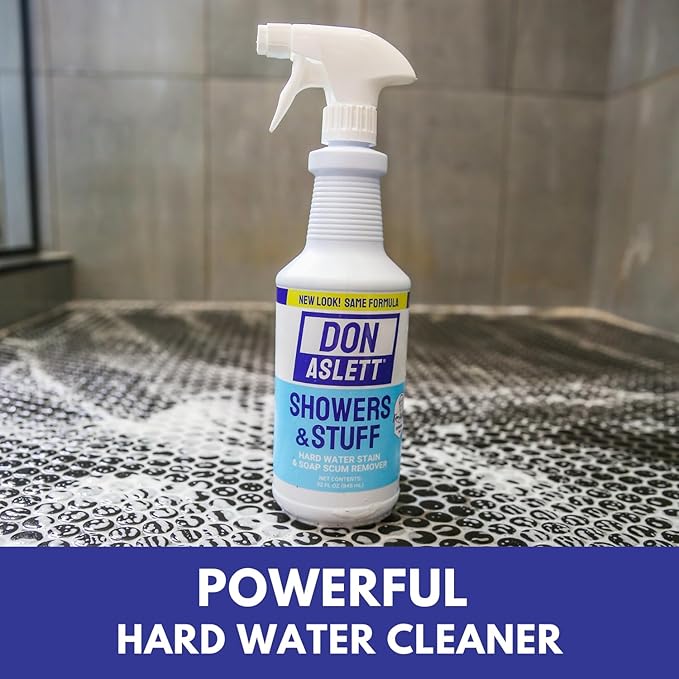 Don Aslett Showers and Stuff (32 Oz Spray Bottle Pack of 2) Hard Water Stains and Soap Scum Remover | Cleans Bathroom Rust Grout Tile Lines Fiberglass Tub Glass Shower Door Surfaces