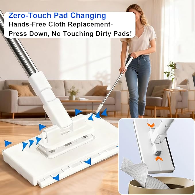 Snap Grip Mini Mop Zero-Touch Automatic Cloth Changing Mop with 360° Rotating Head Push-Pull Handle Reusable Cleaning Cloths Slim Design for Bathroom Kitchen &amp Tight Spaces