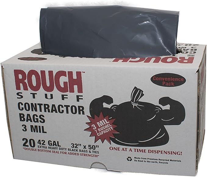 Heavy Duty Professional Quality Contractor Trash Bag 42 Gallon Capacity 50 Length X 32 Width X 3 Mil Thick 7 Bushel Capacity Black (Case of 20)