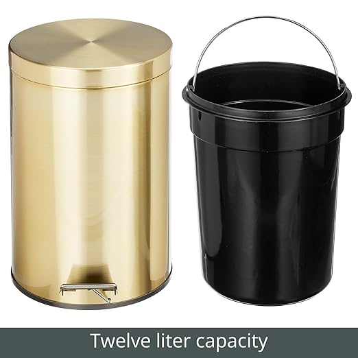 mDesign Tall 3.2 Gallon/12 Liter Round Metal Step Trash Can Wastebasket Garbage Container Bin fo Kitchen Bathroom Home - Removable Liner Bucket - Soft Brass