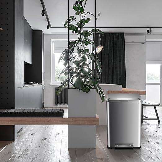 Stainless Steel 50 Liter / 13 Gallon Trash Can Rectangular Steel Pedal Recycle Bin with Lid and Inner Buckets Rectangular Hands-Free Kitchen Garbage Can