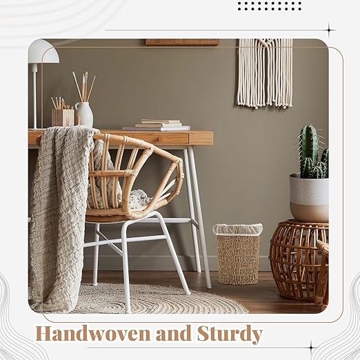 Havawish 2 Pcs Seagrass Wicker Waste Basket Handwoven Woven Trash Can 1.8 Gallons Boho Wicker Wastebasket Round Natural Wastebasket Garbage Bin for Bedroom Offices Home Decoration Natural Color