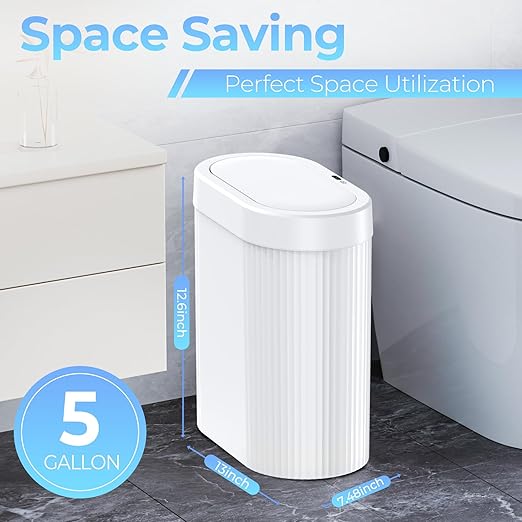 2 Pack 5 Gallon Bathroom Trash Can with Lid Automatic Motion Sensor White Trash Can Touchless Slim Waterproof Garbage Bin for Kitchen Bedroom Office and Bathroom
