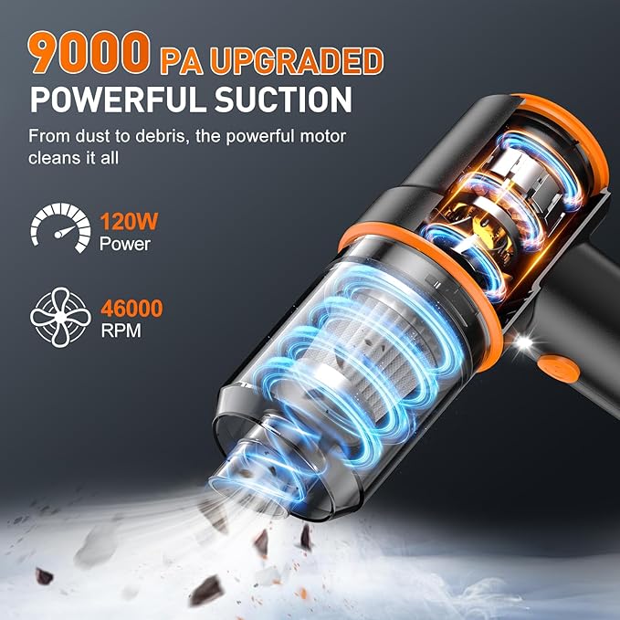 KMM Handheld Car Vacuum Cleaner 9000PA Vacuum Cleaner &amp Air Duster 120W High Power Vacuum Portable Cordless Hand Held Vacuum Rechargeable with Multi-Nozzles &amp LED Light for Home Car Offic