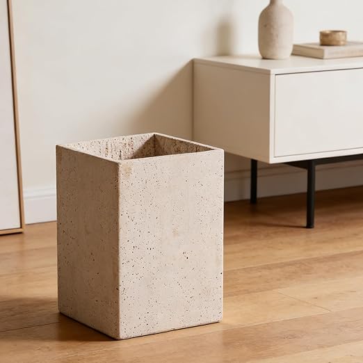 Modern Square Travertine Waste Basket Natural Stone Bathroom Trash Can Decorative Home Garbage Container Beautiful Travertine Look Rubbish Bin for Bathroom Bedroom Kitchen Home Office