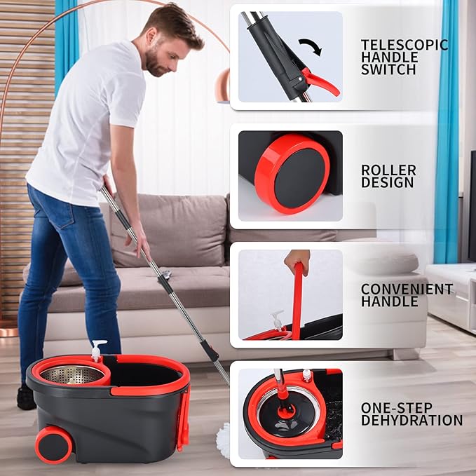 Mop and Bucket Set 360° Spin Mop and Bucket with Wringer Set and 3 Microfiber Mop Refills Stainless Steel 61'' Extended Handle Spinning Mop Bucket System for Floor Cleaning