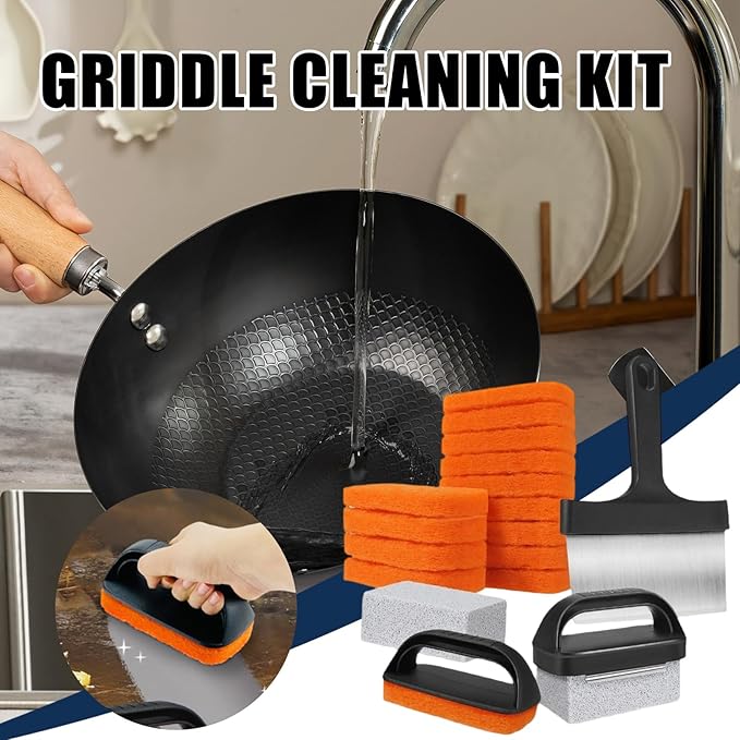 Griddle Cleaning Kit - Multifunctional Grill Cleaning Kit Griddle Scraper Stain Remover Tool | Flat Top Grill Cleaner Scraper for Restaurant Camping BBQ Dorm Picnic Hotel Apartment Party