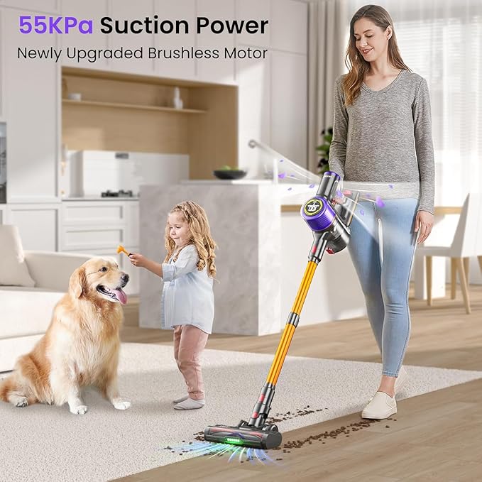 Cordless Vacuum Cleaner 650 W/55000 Pa/70 Mins Vacuum Cleaners for Home Anti-Tangle Brush 1.5L Dustbin 9-in-1 Rechargeable Wireless Vacuum for Home Floors Carpets Pet Hair