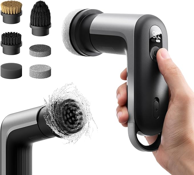 HOTO Grip™ Cordless Electric Spin Scrubber IPX7 Waterproof Lightweight at 0.65 lb with 6 Brush Heads Powerful Cleaning Scrubber for Bathroom Kitchen Tile Shower