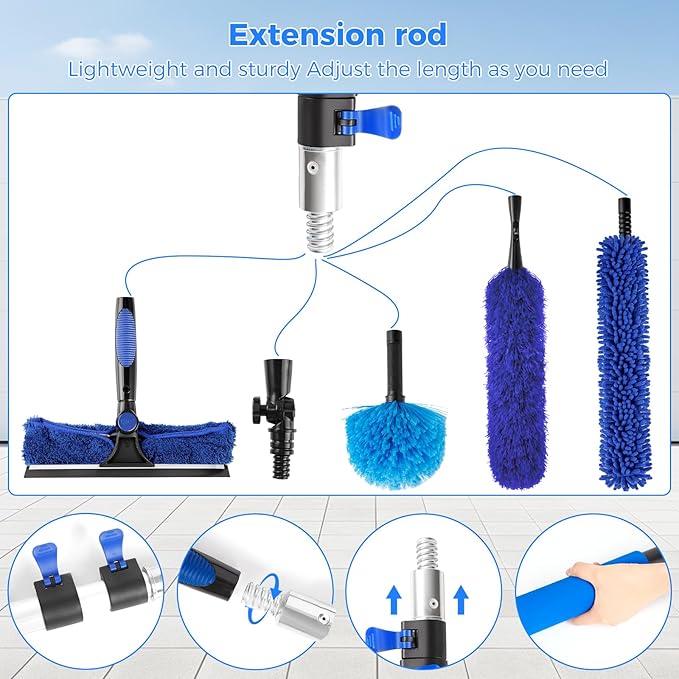 26ft High Reach Duster Kit Aluminum 5-20ft Fan &amp Window Cleaner Set Versatile Dusting Set with 5 Replaceable Heads for Cleaning Fans Windows and Hard-to-Reach Areas Outdoors Without Ladder
