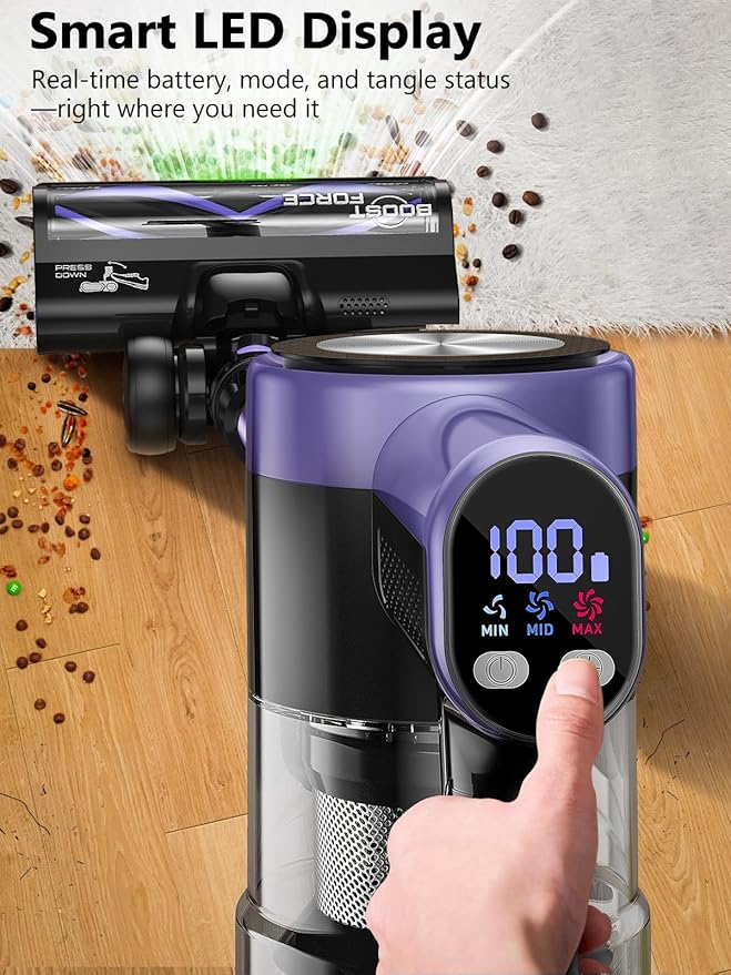 Cordless Vacuum Cleaner 55KPa/500W Stick Vacuum with 55 Mins Runtime Self-Standing Vacuum Cleaner for Home LED Display Anti-Tangle Brush Rechargeable Vacuum for Hardwood Floor Pet Hair (Purple)