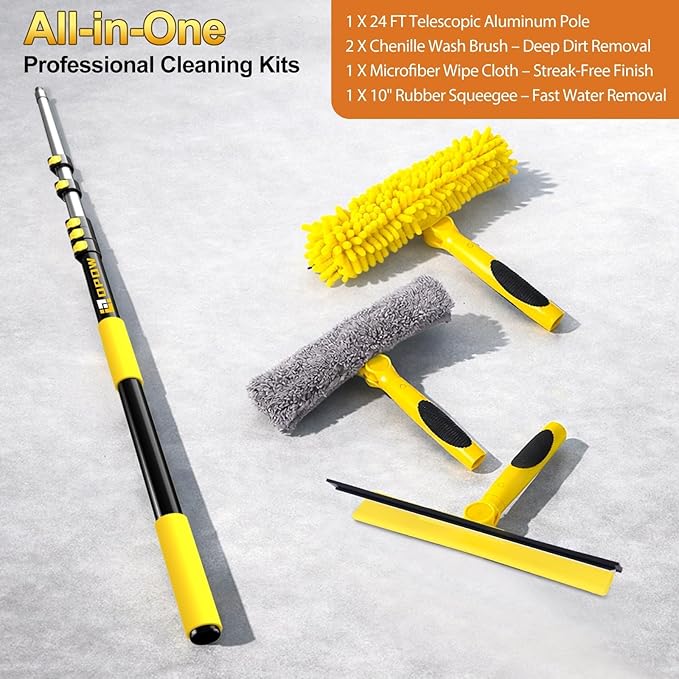 30FT High Reach Window Squeegee with Extension Pole 2 in 1 Window Washing Kit with 6-Stage Telescopic Pole &amp Rotatable Head No-Ladder Window Cleaner for High Window Solar Panel RV &amp Outdoo