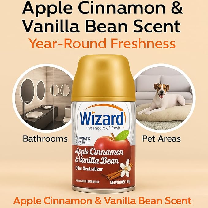 Wizard Automatic Spray Refill – Apple Cinnamon &amp Vanilla Bean 5 oz (12 Pack) | Compatible with Air Wick Freshmatic &amp Glade Dispensers | Long Lasting Odor Neutralizer for Home &amp Office