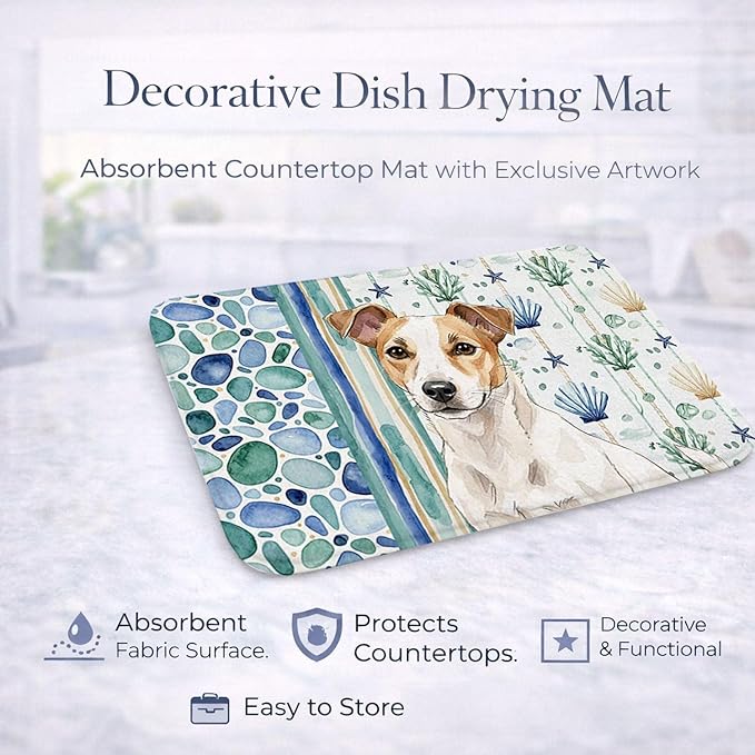 Caroline's Treasures White and Tan Jack Russell Terrier Coastal Sea Glass Dish Drying Mat Absorbent Dish Drying Mat Pad for Kitchen Counter Dish Drainer Mat for Countertop 14 x 21 Multicolor