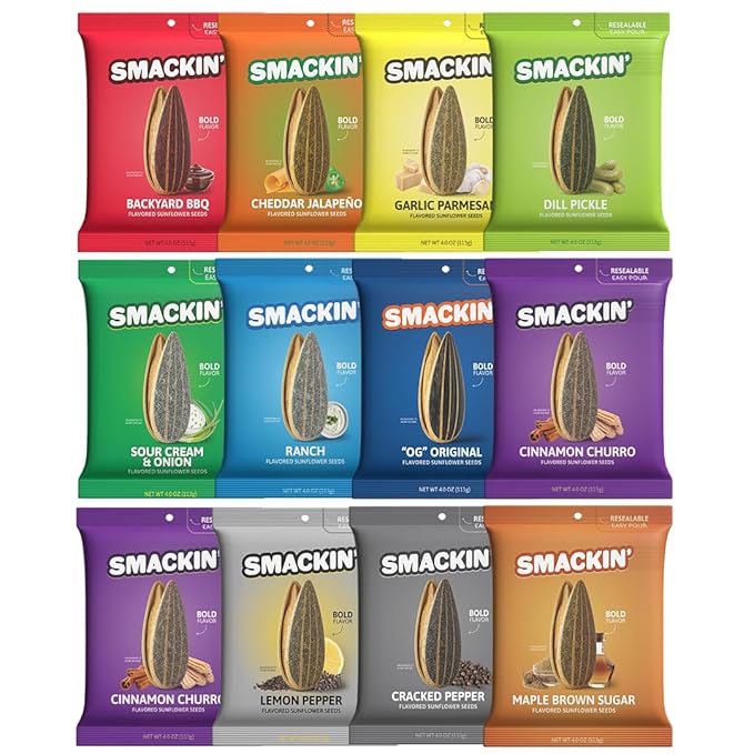 SMACKIN' - Jumbo Roasted Sunflower Seeds No Salty Burn American Made Easy Pour &amp Seal - Variety Pack 4oz bag (12 Bags)