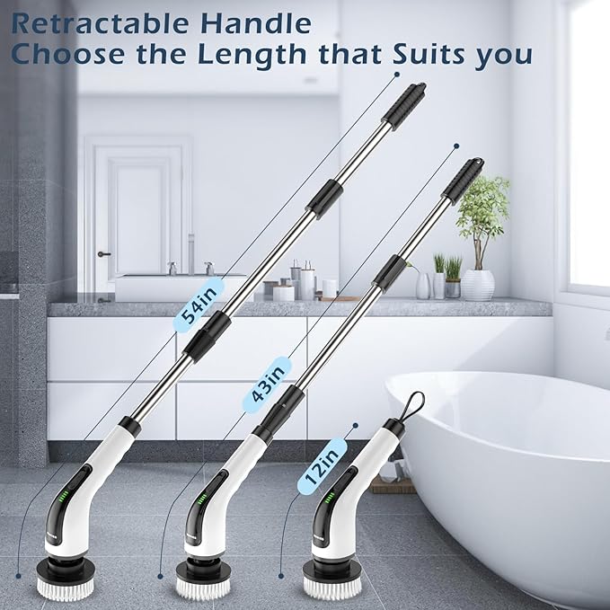 Electric Spin Scrubber Cordless Cleaning Brush Scrubber for Home 8 Replaceable Brush Heads-90Mins Work Time 3 Adjustable Size 2 Speeds for Bathroom Shower Bathtub Glass Car