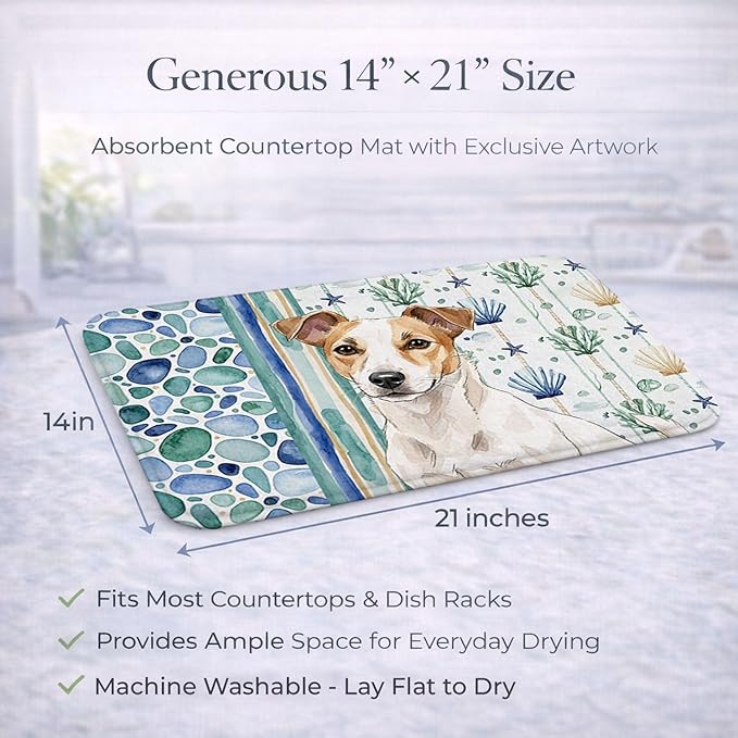 Caroline's Treasures White and Tan Jack Russell Terrier Coastal Sea Glass Dish Drying Mat Absorbent Dish Drying Mat Pad for Kitchen Counter Dish Drainer Mat for Countertop 14 x 21 Multicolor