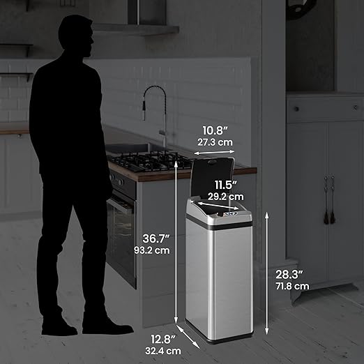 iTouchless 13 Gallon Sensor Kitchen Trash Can with Lid and AC Adapter Odor Filter Platinum Limited Edition Garbage Bin Trashcan for Home Office Office Bedroom Living Room Garage Slim Waste Basket