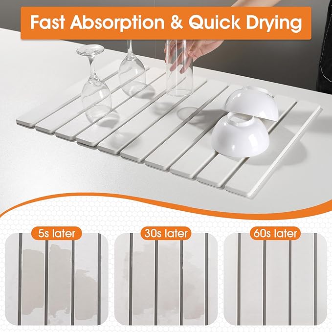 Large Stone Drying Mat for Kitchen Counter - 24x16 Dirt-Resistant Quick Drying Fast Absorbent Non-Slip Diatomite Mat Natural Diatomaceous Earth Dish Drying Pad for Dish Rack (White)