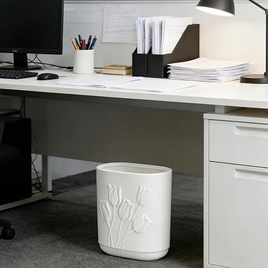 White Ceramic Tulips Small Bathroom Trash Can 2.6 Gal (10 Liter) - Heavy &amp Decorative Garbage Bin for Bathroom Kitchen Office Bedroom &amp Living Room Corner