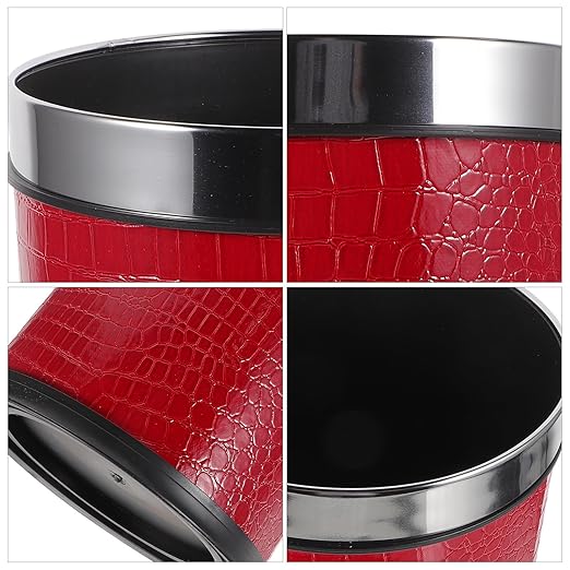 Trash Can with 12L Capacity Red Embossed Pattern Garbage Bin with Stainless Steel Ring Single-Layer Rubbish Bin for Hotel Rooms Bedrooms and Office Wastebasket