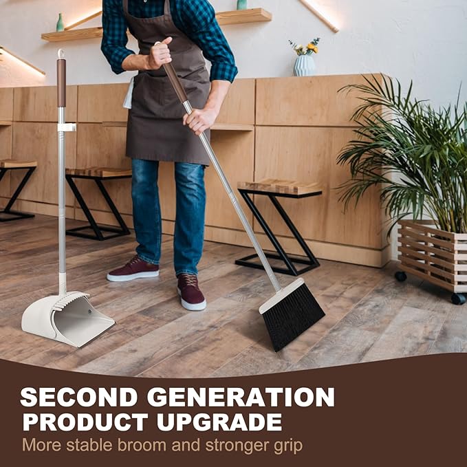 54 Long Handled Broom and Dustpan Set - Perfect Dust Pan and Brush Combo for Efficient Cleaning Brown and White