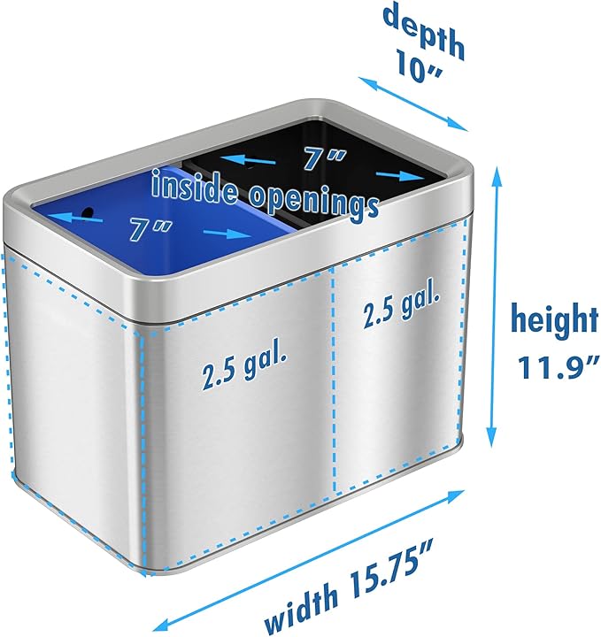 ITouchless 5.3 Gallon / 20L Slim Dual Compartment Open Top Trash Can and Recycle Bin – Rectangular Stainless Steel Wastebasket for Kitchen Home Office Cubicle Breakroom Garage
