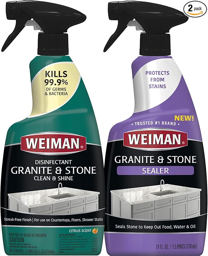 Weiman Disinfecting Granite &amp Stone Daily Cleaner and Sealer Kit - For Granite Marble Quartz Quartzite Slate - 24 oz Daily Kitchen Countertop Cleaner 24 oz Granite &amp Stone Sealer