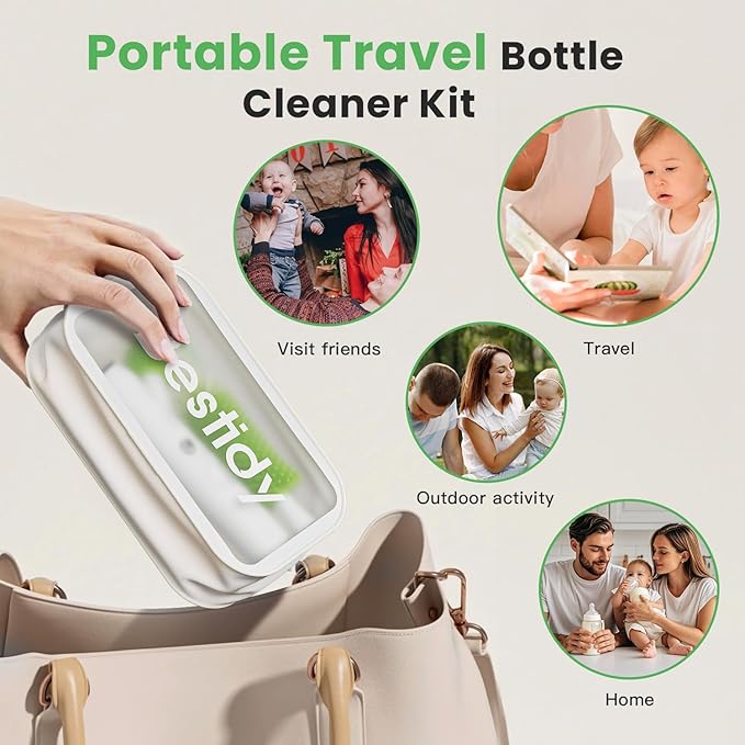 Bestidy Electric Baby Bottle Cleaner Kit for Travel- Rechargeable 360° Rotation Electric Baby Bottle Brush with Replaceable Nipple/Straw Brush 2-Speed Modes 50ml Lotion Bottle &amp Storage Bag