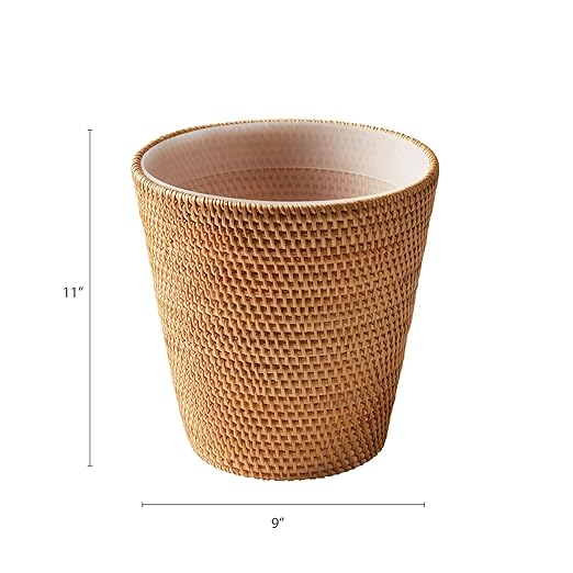Rattan Bathroom Wastebasket - Natural Woven Trash Can with Liner Water-Resistant Design for Bathroom Bedroom or Office Boho Home Decor