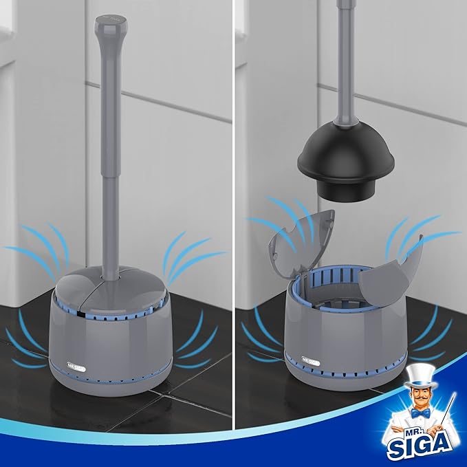 MR.SIGA Toilet Plunger with Holder Heavy Duty Plunger with Sturdy Handle for Toilet Cleaning Gray