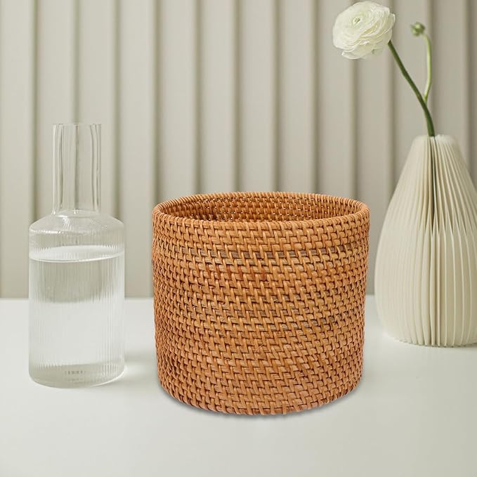 Mikikit Round Rattan Trash can Small Decorative Wicker Basket for Home Storage Desktop Organizer 6.6 Inch Fruit Vegetable Basket