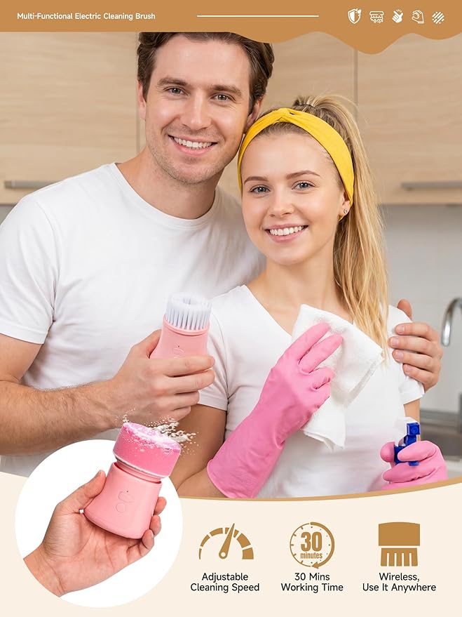 Electric Dish Washing Brush Small Handheld Power Scrubber Pink Cordless Cleaning Brushes kit Gift for Woman for Kitchen cleanup Dishes/Plates/Sink IP66 Waterproof Household Cleaning Supplies