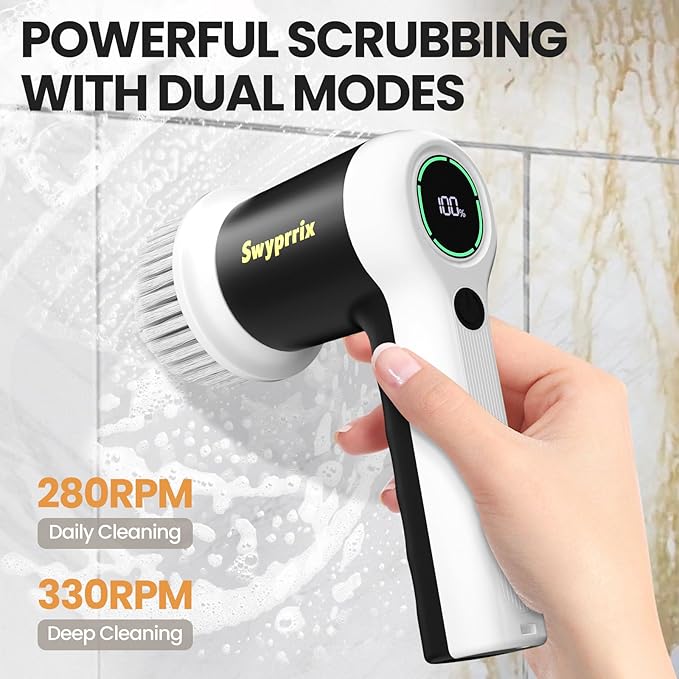 Electric Bathroom Cleaning Brush Cordless Spin Scrubber Full Body Waterproof IPX7 with 6 Replaceable Brush Heads for Bathtub/Kitchen/Window/Home Cleaning -SD-CTB02
