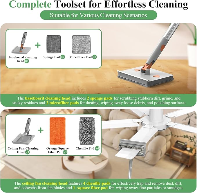 Ceiling Fan Cleaner Duster - 79 Extension Pole &amp Dual Brush Heads Baseboard Cleaner Tool with Handle 4-in-1 Reusable Fan Blade Cleaner Ceiling Fan Duster for Fan Blades Baseboards Corners
