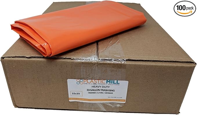 PlasticMill Heavy Duty Trash Bags - Orange Garbage Bags - Plastic Trash Bags - Tall Trash Bags Trash Can Liners - 33-Gallon Large Kitchen Trash Bags 1.2 Mil 33x39 (100-Count)