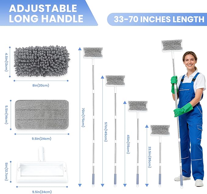 Ceiling Fan Cleaner Duster with 80'' Extendable Long Handle Pole - Microfiber Chenille Pads for Blades Baseboards Walls Floors Blinds &amp Cobwebs - Reusable &amp Washable
