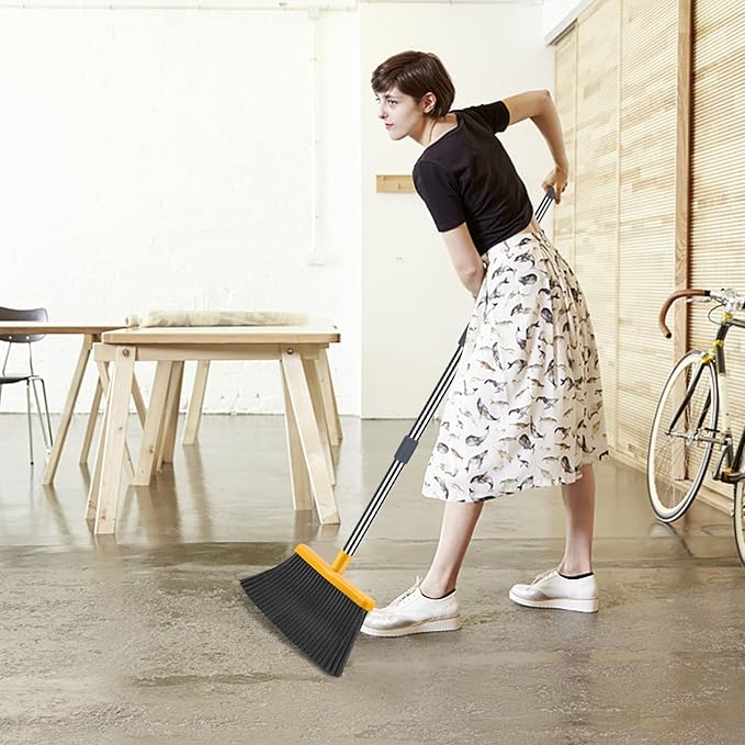 kelamayi Upgrade Broom and Dustpan Set Broom with Dustpan Combo Set Self-Cleaning with Dustpan Teeth Indoor&ampOutdoor Sweeping Stand Up Broom and Dustpan (Gray&ampYellow)