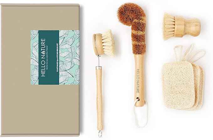 Plant-Based 6pcs Kitchen Brush Set by HELLO NATURE Sustainable &amp Biodegradable Natural Fibre Bamboo Dish BrushBottle BrushPot Brush &amp 3 Natural Loofah Sponges Zero-WastePlastic Free Kitch