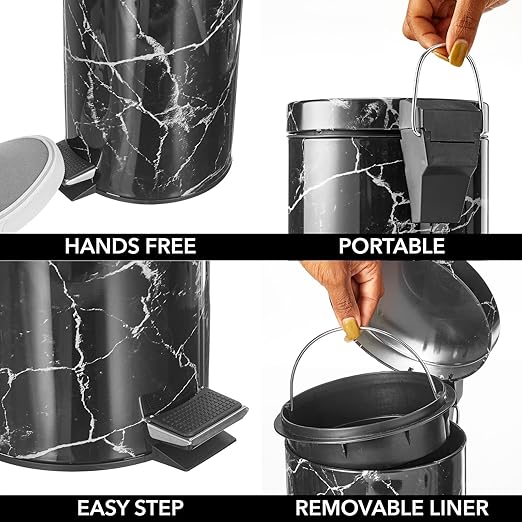 mDesign Extra Small Modern 3-Liter/.7 Gallon Round Metal Lidded Step Trash Can Compact Garbage Bin with Removable Liner Bucket and Handle for Bathroom Kitchen Office Garage - Black Marble Print
