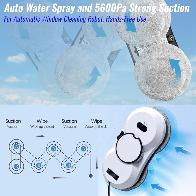 Window Cleaning Robot Automatic Window Cleaner with Water Spray for Windows/Tiles/Class Door 5600Pa Suction Power AI Path Planning Remote Control