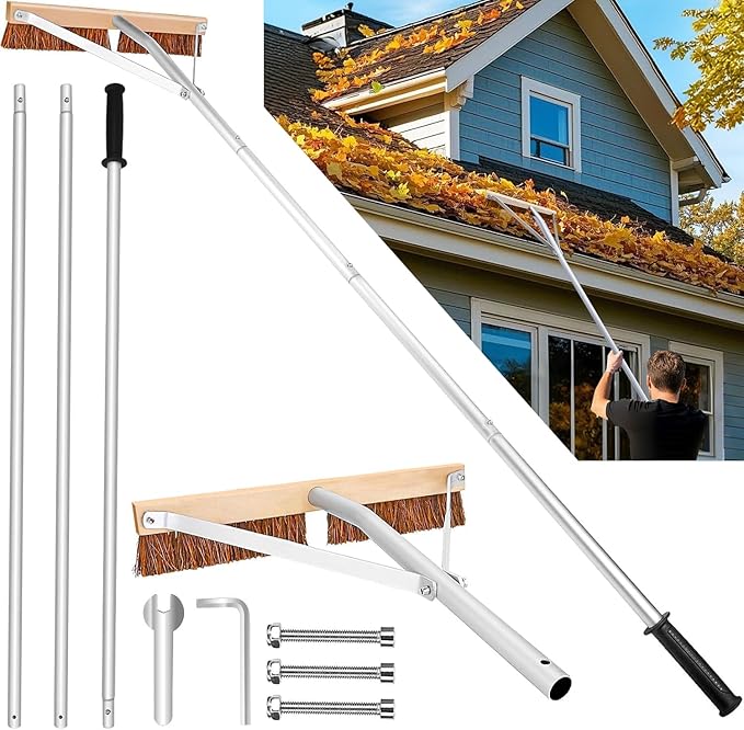 Leaf Roof Brush and Roof Rake 21 Ft Adjustable Length Roof Cleaning Tool Remove Roof Leaves Safely with Natural Brush Head Lightweight Easy to Use &amp Store