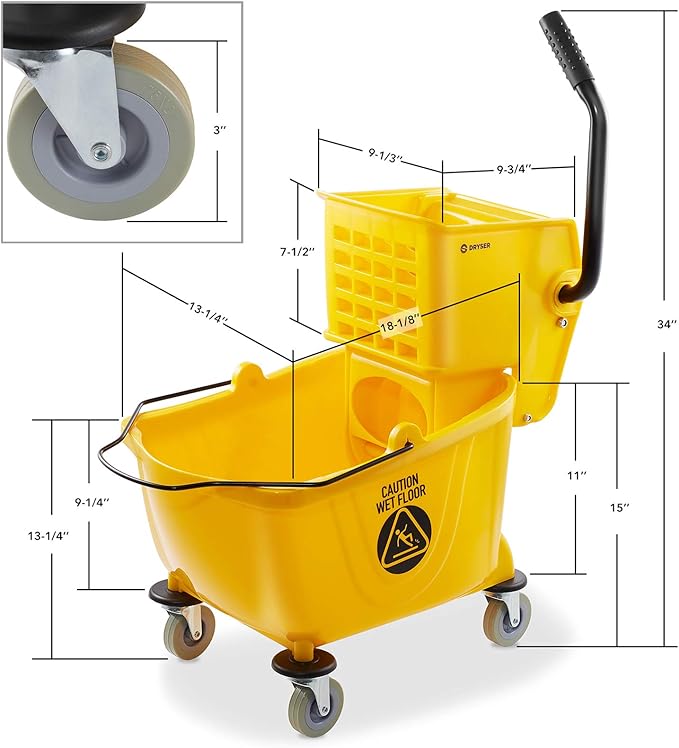 Dryser Commercial Mop Bucket with Side Press Wringer 26 Quart Yellow