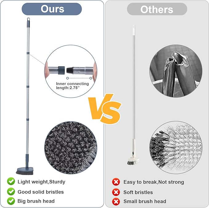 Shower Cleaning Brush4 in 1 Tile Tub Shower Scrubber with 54.7'' Long Handle Stiff Bristles Sponge Brush Grout Brush Microfibe Pads for Bathroom Kitchen Toilet Wall Glass Tub Tile Sink
