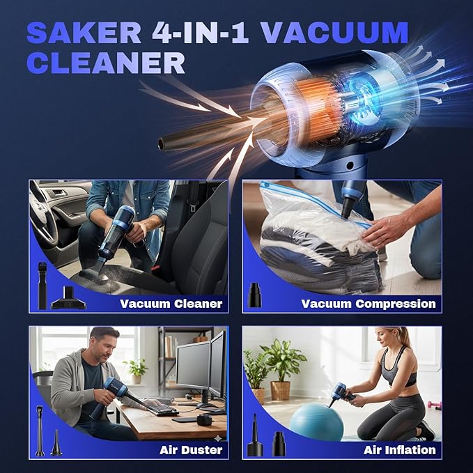 Saker Car Vacuum Portable Cordless 20000Pa Suction Power 4 in 1 Handheld Vacuum with LED Light Type-C Portable Mini Vacuums for Gifts Car Home Office Pet HL157 Blue
